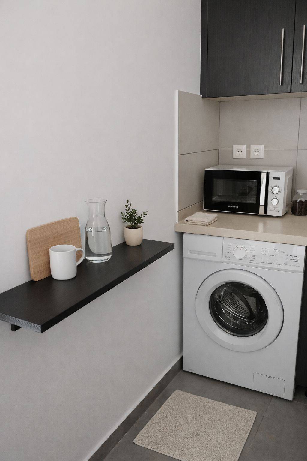 Espace buanderie avec lave-linge et micro-ondes
